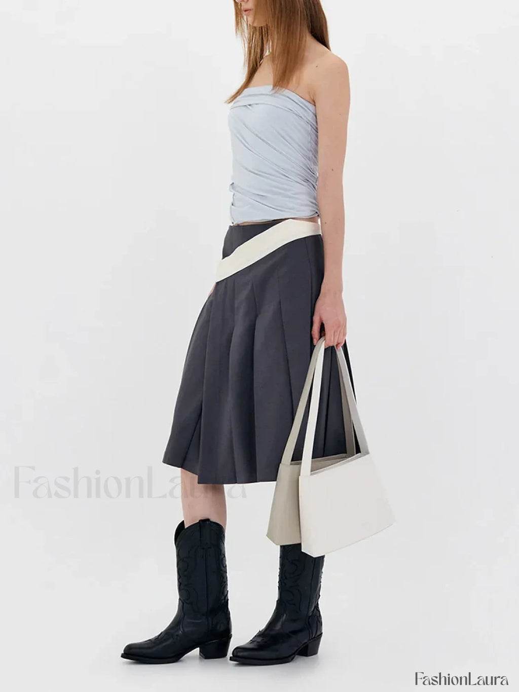Asymmetric Striped Pleated Midi Skirt