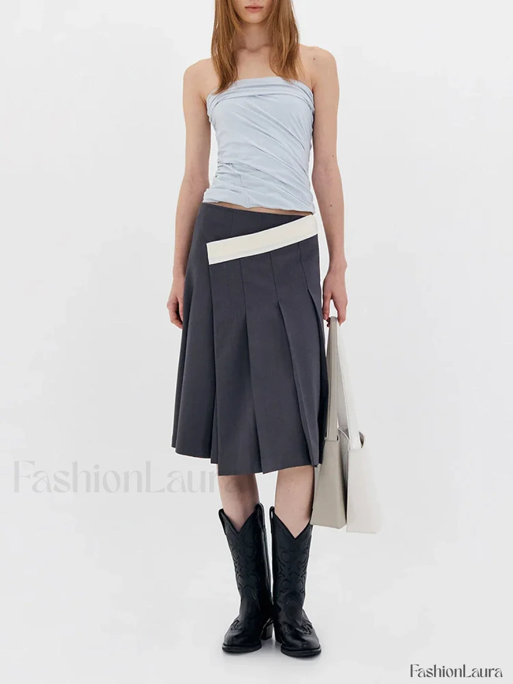 Asymmetric Striped Pleated Midi Skirt gray / S