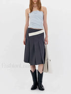 Asymmetric Striped Pleated Midi Skirt gray / S