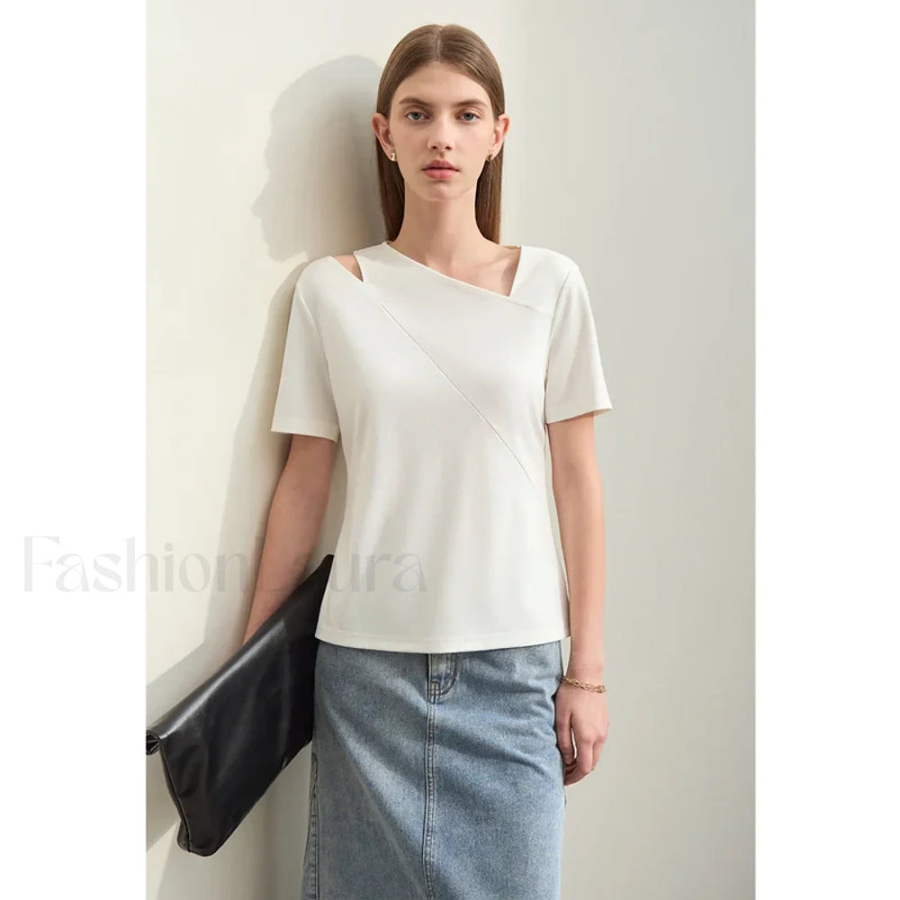 Asymmetric V Neck Stretch T Shirt Beige / S