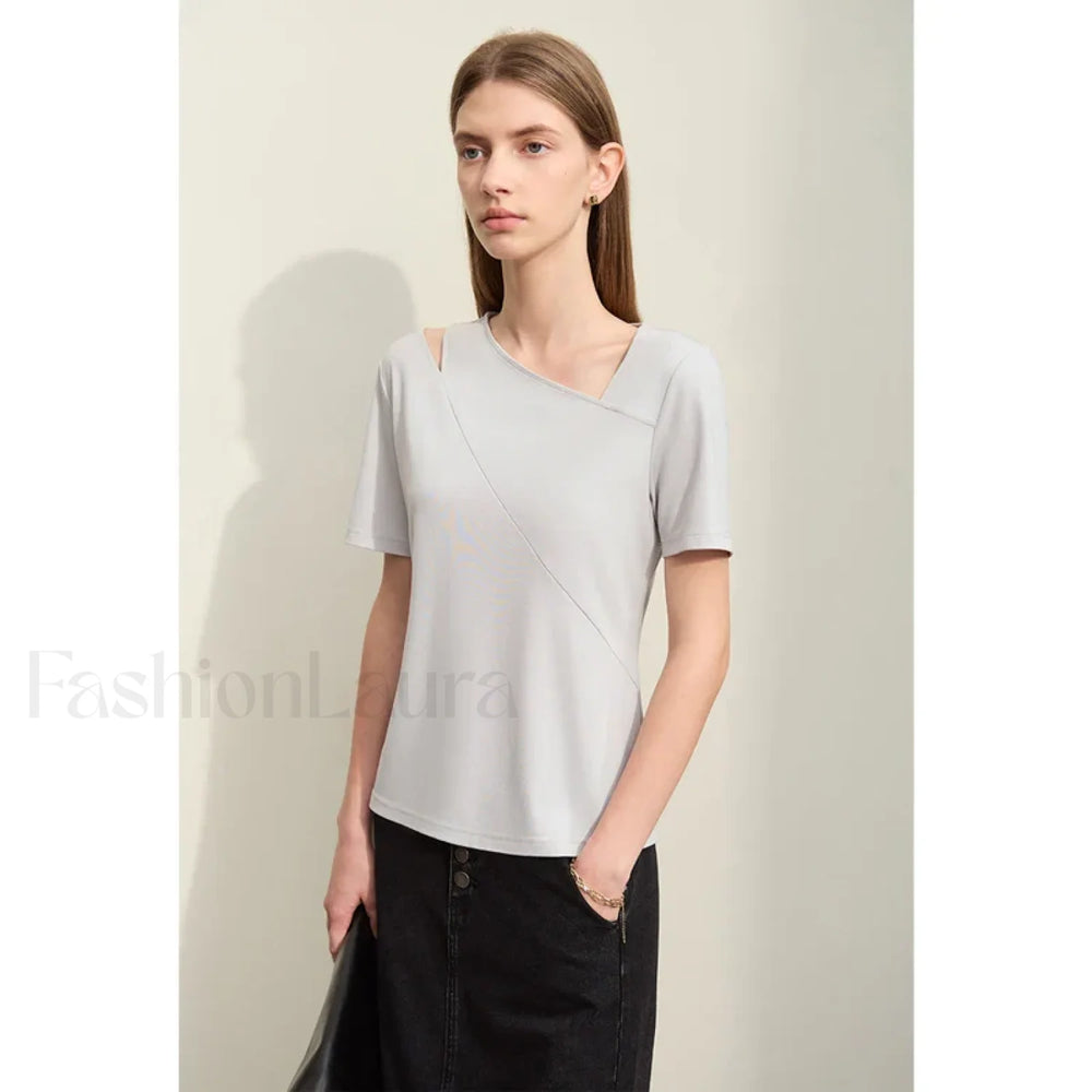 Asymmetric V Neck Stretch T Shirt Gray / S