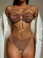 Asymmetric Wrinkled Hollow Out Bikini Set Coffee / S
