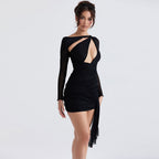 Cut Out Mesh Long Sleeve Wrap Bodycon Party Mini Dress Black M / Black Party Dresses L