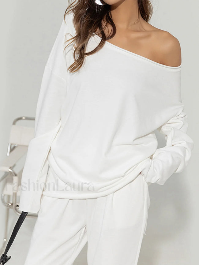 Asymmetrical Off Shoulder Solid Sweatshirt White / XS Sweatshirts Main image