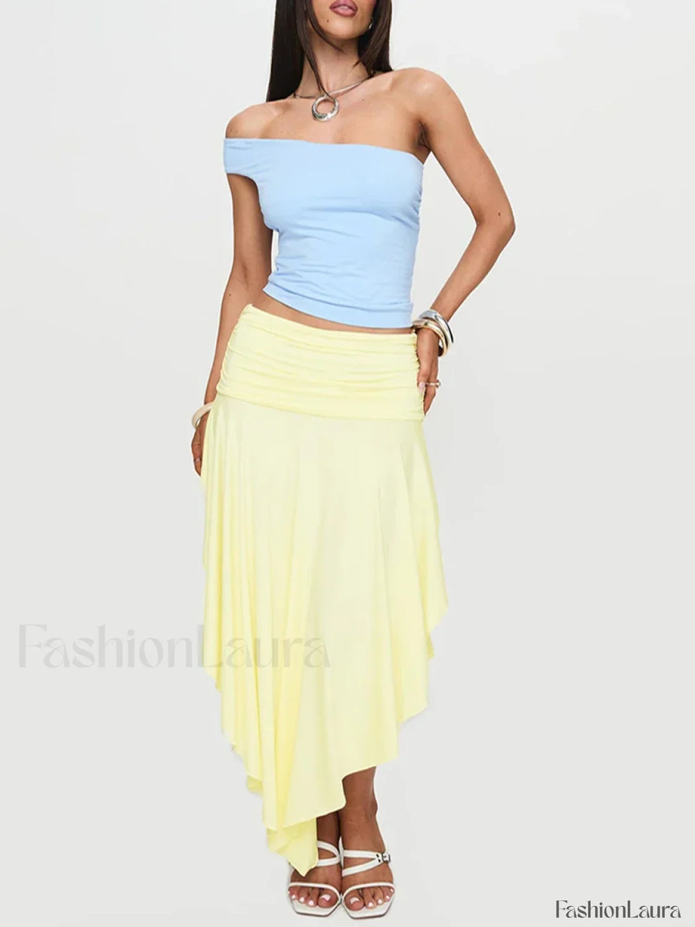 Asymmetrical Pleated Long Skirt YELLOW / S