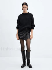 Asymmetrical Pleated Twisted Trendy Faux Leather Mini Skirt Skirts
