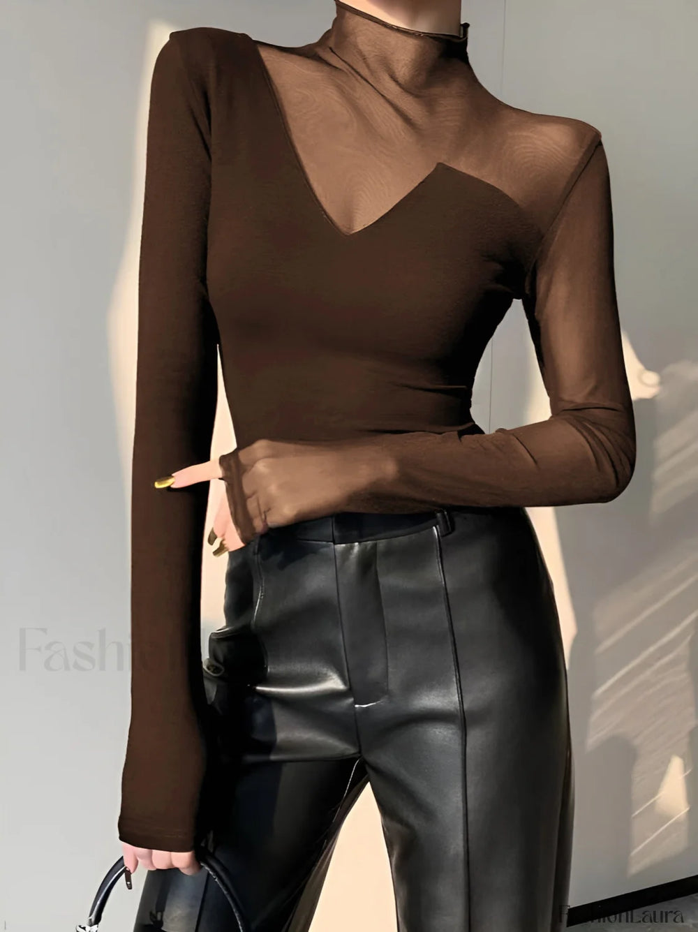 Asymmetrical Sheer Mesh Panel T Shirt Brown / XS T Shirts