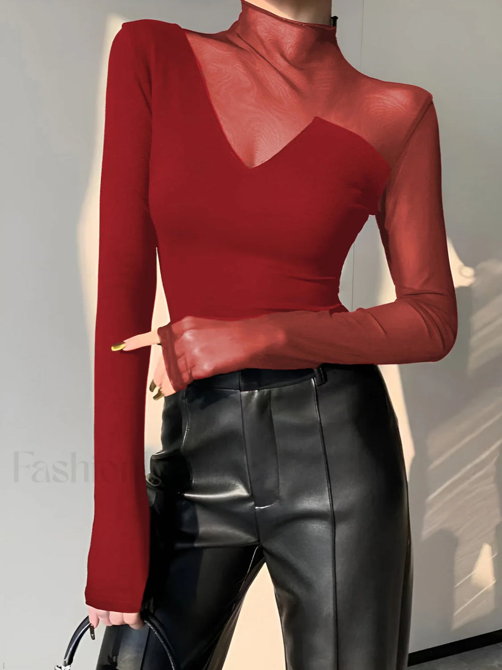 Asymmetrical Sheer Mesh Panel T Shirt Red / XS T Shirts