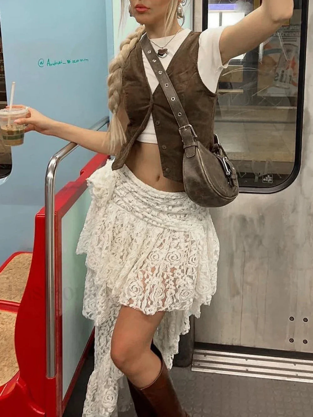 Asymmetrical Stitched Lace Skirt