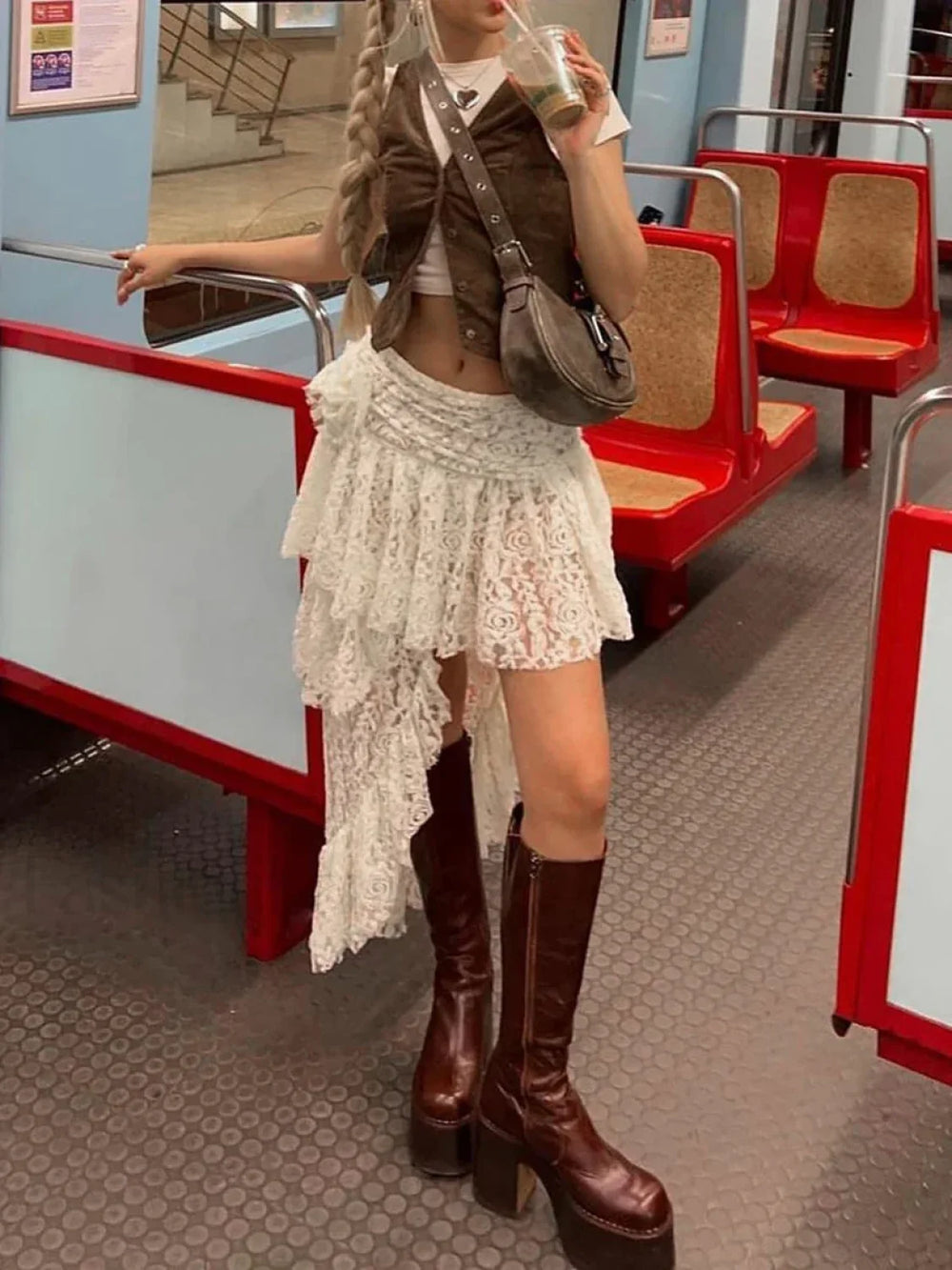 Asymmetrical Stitched Lace Skirt WHITE / S