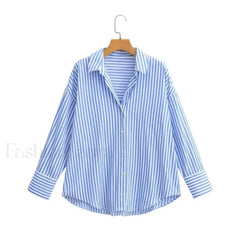 Autumn Blue White Striped Single Breasted Casual Blouse
