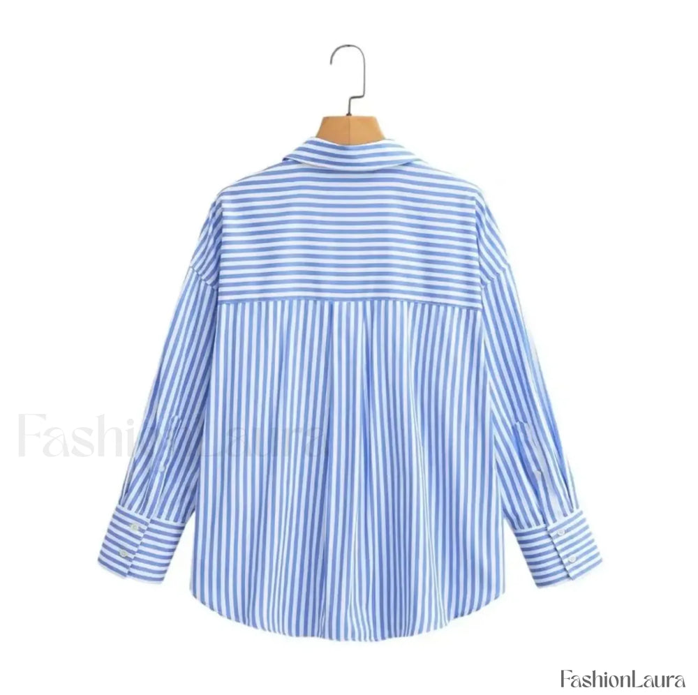 Autumn Blue White Striped Single Breasted Casual Blouse