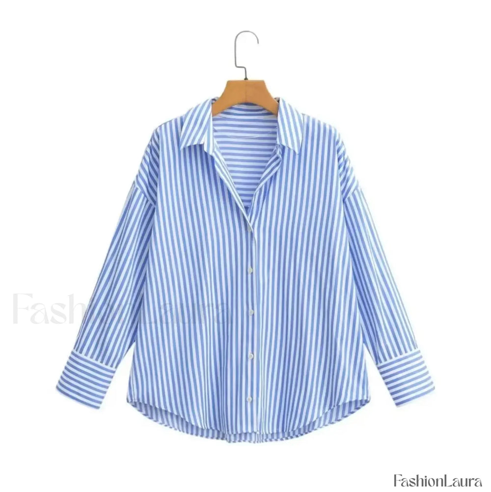 Autumn Blue White Striped Single Breasted Casual Blouse