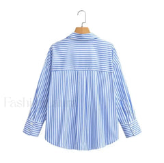 Autumn Blue White Striped Single Breasted Casual Blouse