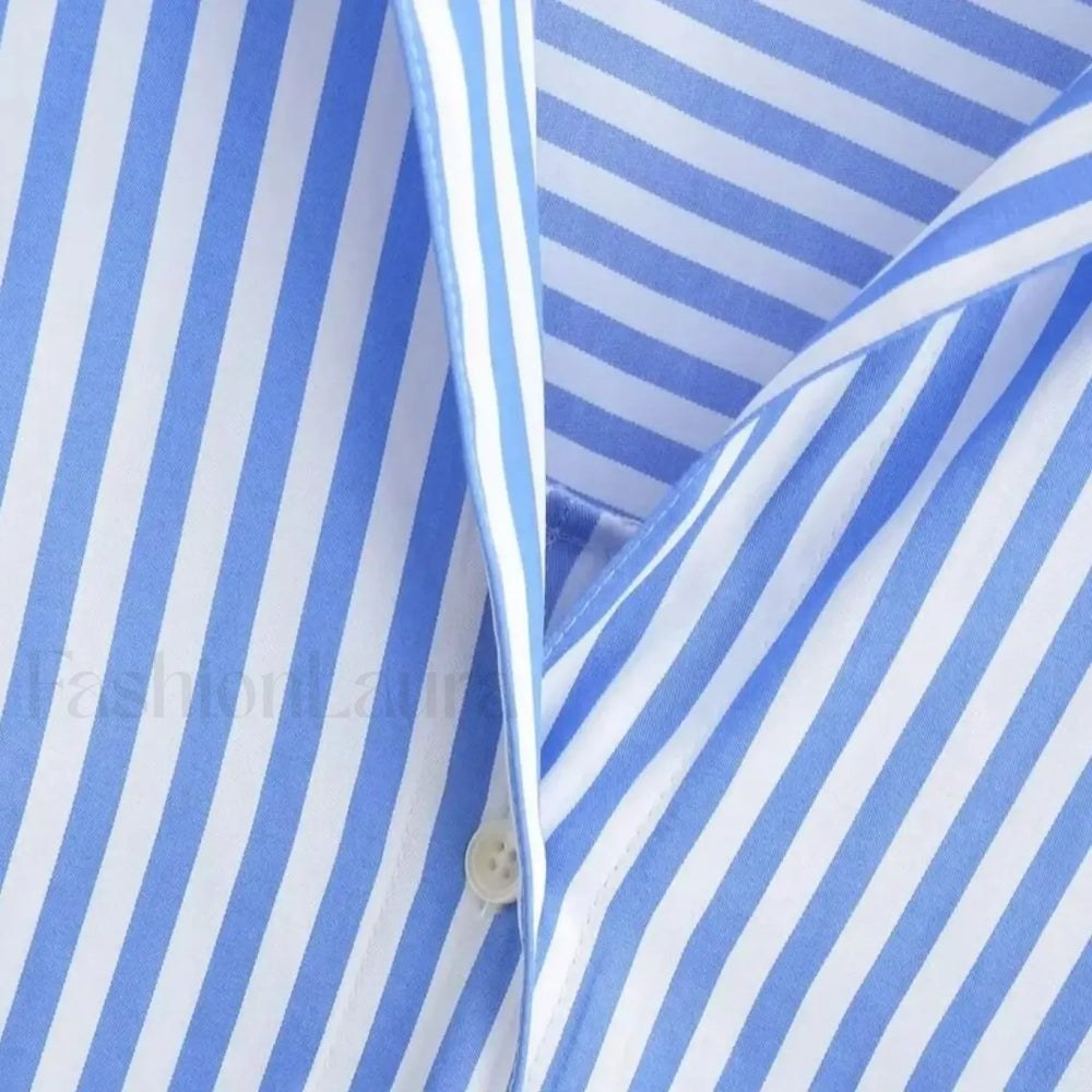 Autumn Blue White Striped Single Breasted Casual Blouse