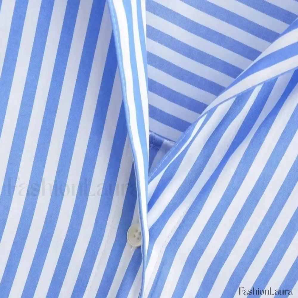 Autumn Blue White Striped Single Breasted Casual Blouse