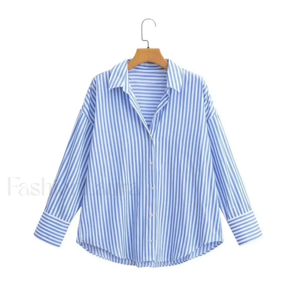 Autumn Blue White Striped Single Breasted Casual Blouse Blue / XS