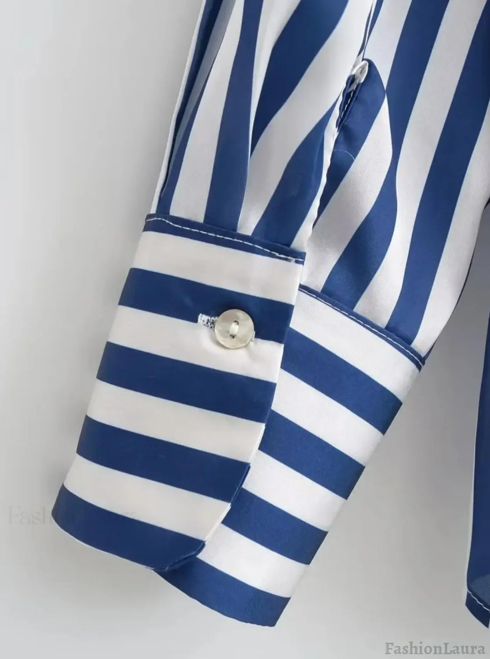 Autumn Lapel Blue White Striped Satin Single Breasted Loose Tops Blouse