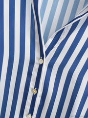 Autumn Lapel Blue White Striped Satin Single Breasted Loose Tops Blouse