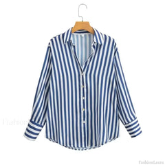 Autumn Lapel Blue White Striped Satin Single Breasted Loose Tops Blouse Blue / XS