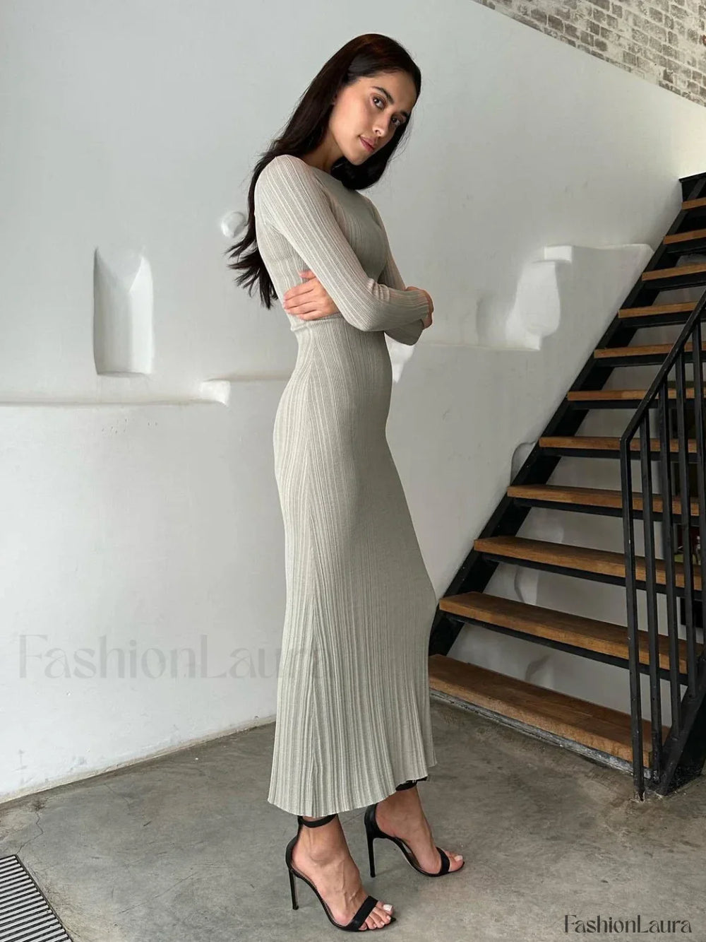 Autumn Long Sleeve Knitted Elegant Geometric Printed Bodycon Maxi Dress