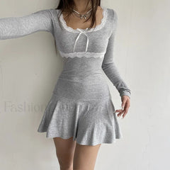 Autumn Sexy Mini Streetwear Black Lace Patchwork Bodycon Club Elegant Party A Line Dress