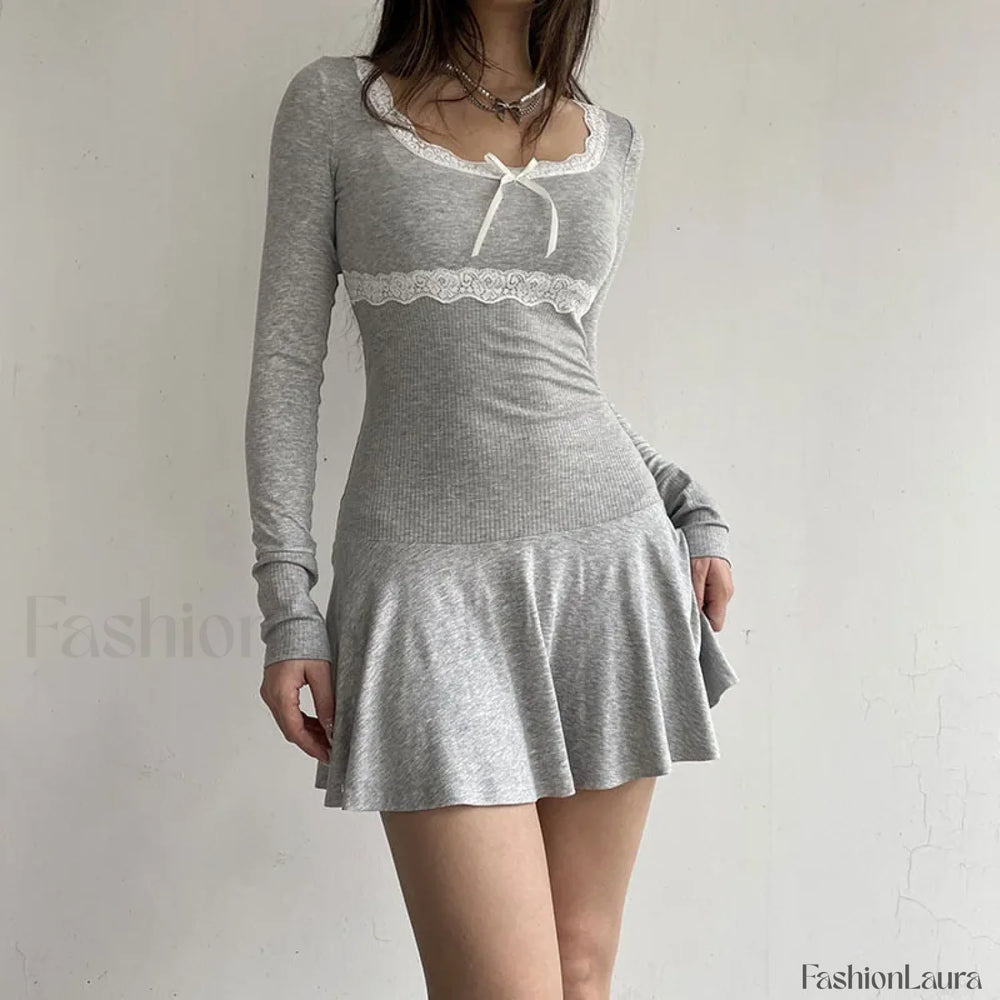 Autumn Sexy Mini Streetwear Black Lace Patchwork Bodycon Club Elegant Party A Line Dress