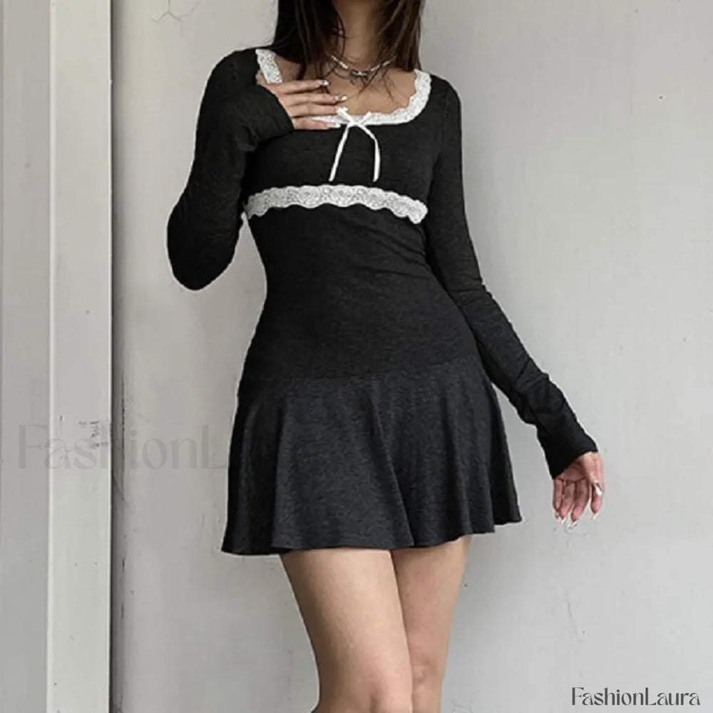 Autumn Sexy Mini Streetwear Black Lace Patchwork Bodycon Club Elegant Party A Line Dress