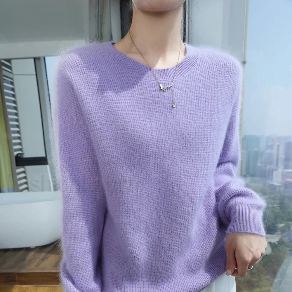 Autumn Winter New Women’s Mink Cashmere Crewneck Jumper Fashion Solid Color Warm Sweater Sweaters L
