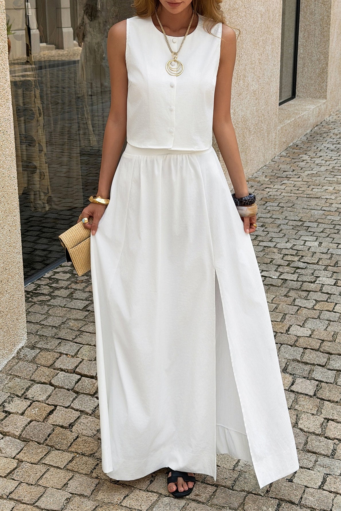 Minimalist Solid Crew Neck Maxi Skirt Set Secondary image