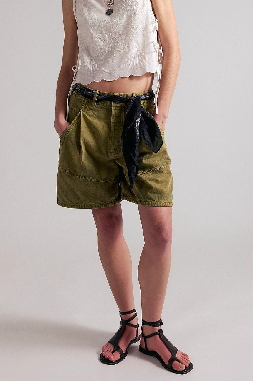 Utility Pockets Washed Denim Bermuda Shorts