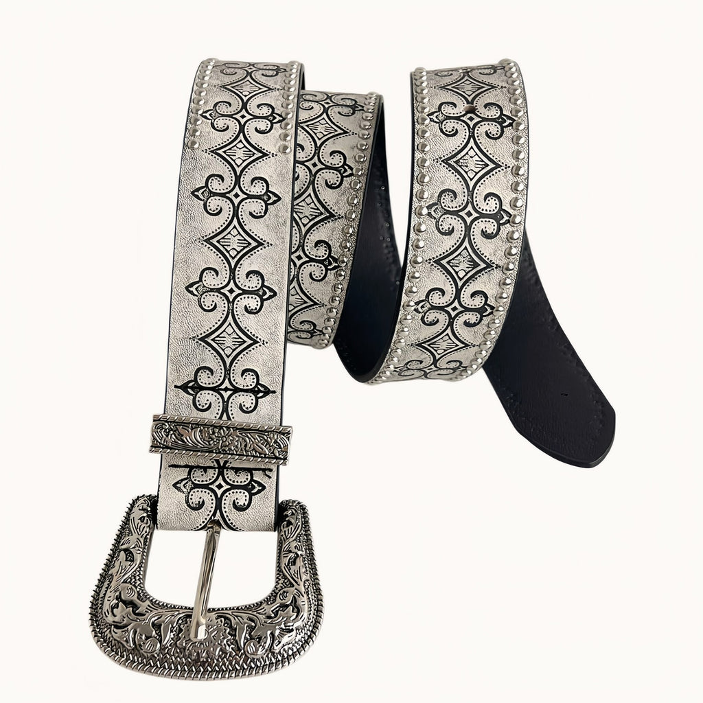 White Embossed Leather Retro Belt