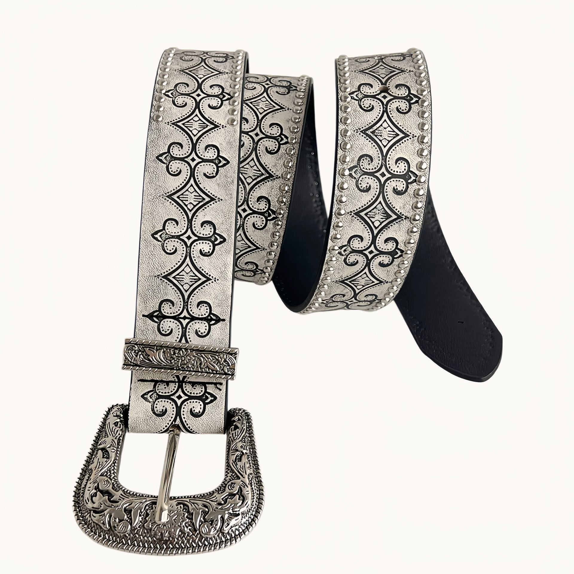 White Embossed Leather Retro Belt