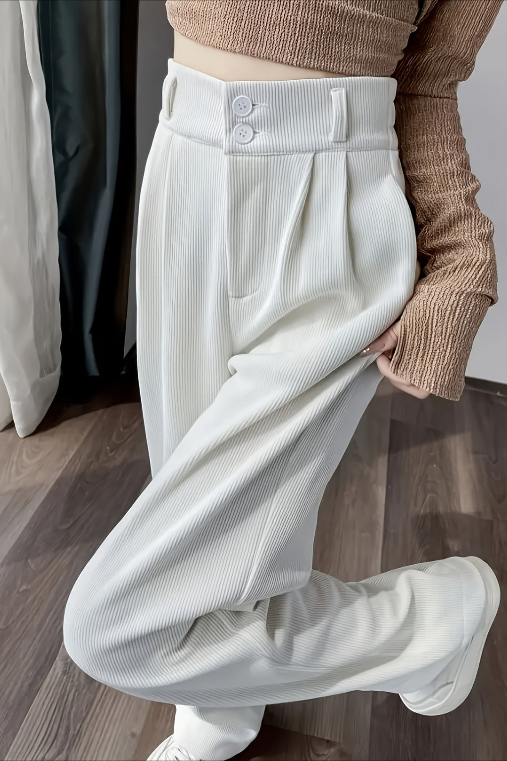 Solid Corduroy Wide Leg Knit Pants