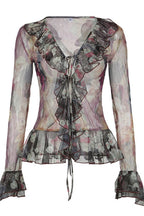 Vintage Tie Dye Ruffle Lace Up Mesh Flare Sleeve Blouse