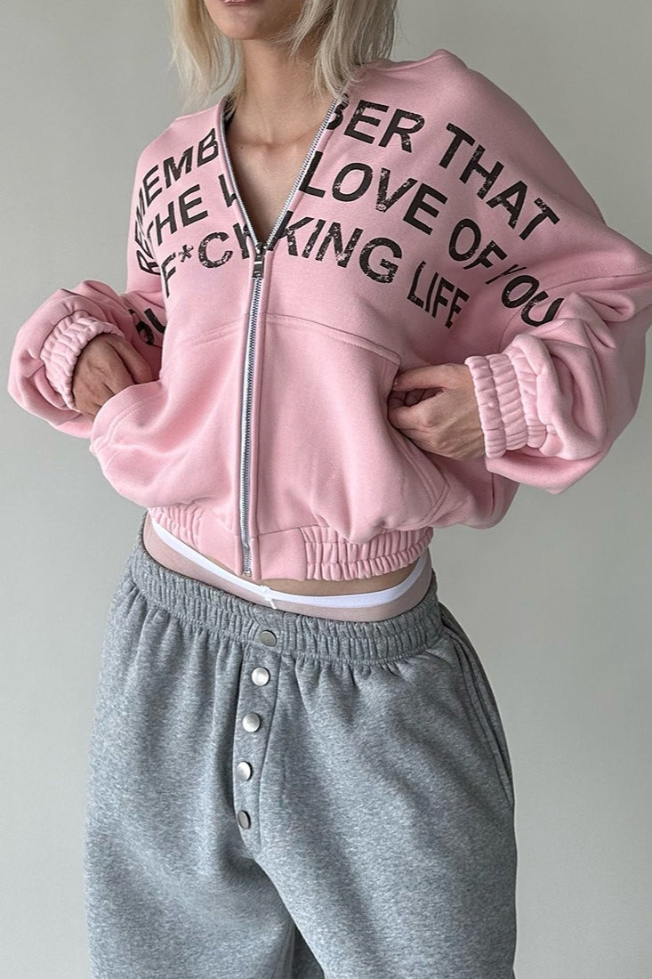 Printed Cropped Elastic Hem Hoodie