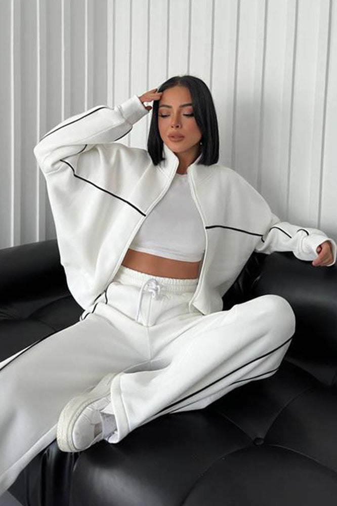 Stand Collar Zip Sweatshirt Stripe Pants Set