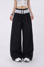 Lace Insert Ruffle Wide Leg Pants
