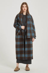 Plaid Wool Scarf Attached Relaxed Overcoat