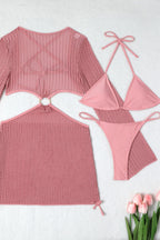Mesh Hollow Out Drawstring Tie Three Piece Swim Set