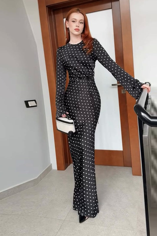 Polka Dot Black Long Sleeve Waist Tie Maxi Dress Main image