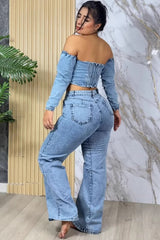 Off Shoulder Denim Long Sleeve Sexy Crop Top