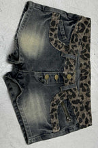 Vintage Leopard Patchwork Low Rise Denim Shorts
