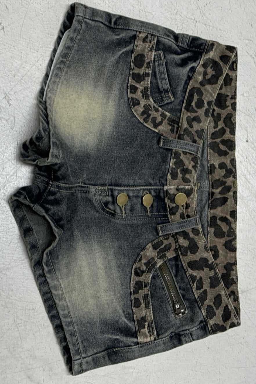 Vintage Leopard Patchwork Low Rise Denim Shorts