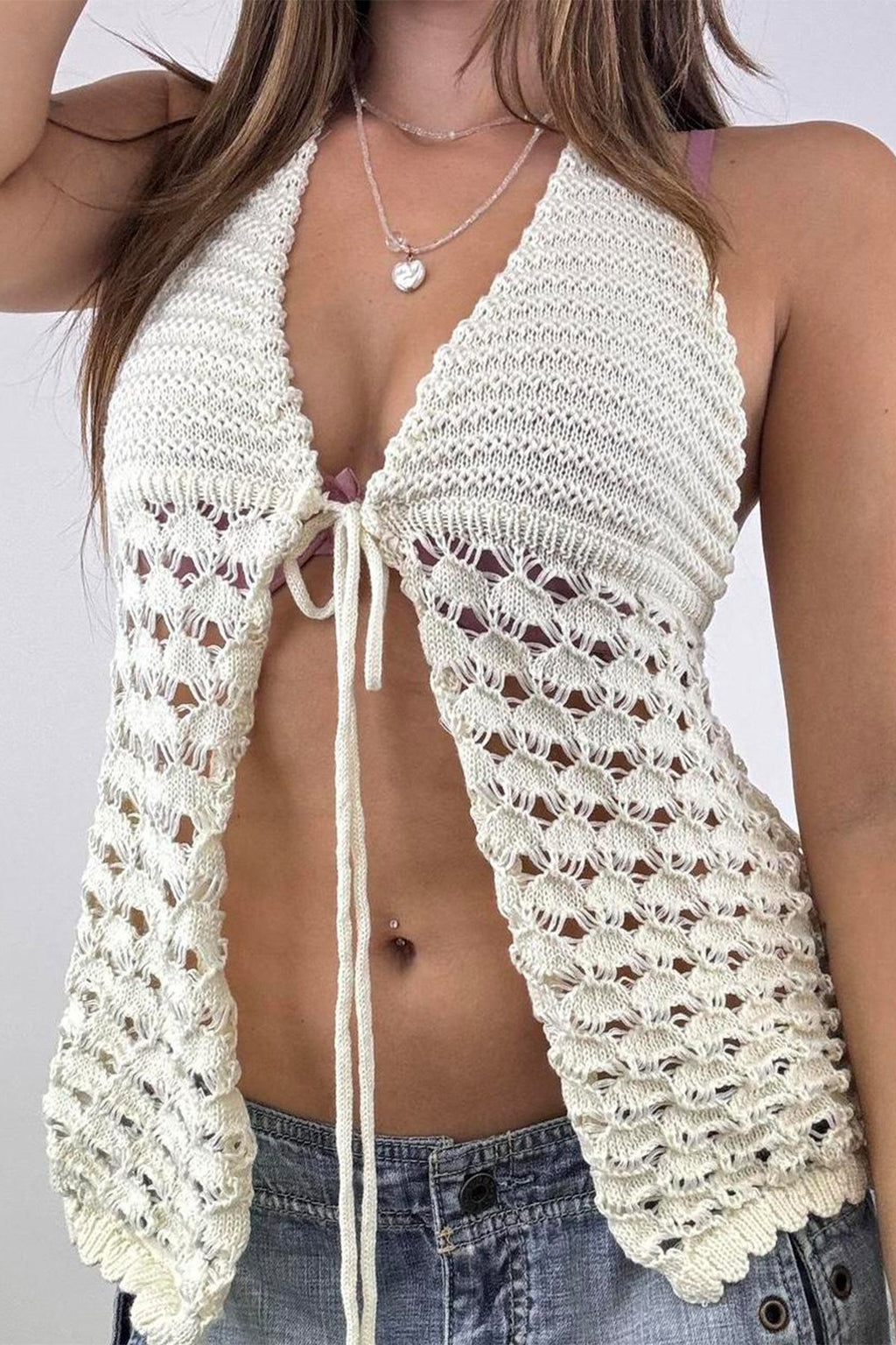 Knit Crochet Tie Neck Cami Halter Top