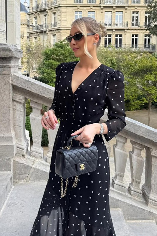 Polka Dot Print V-Neck Long Sleeve Maxi Dress Main image