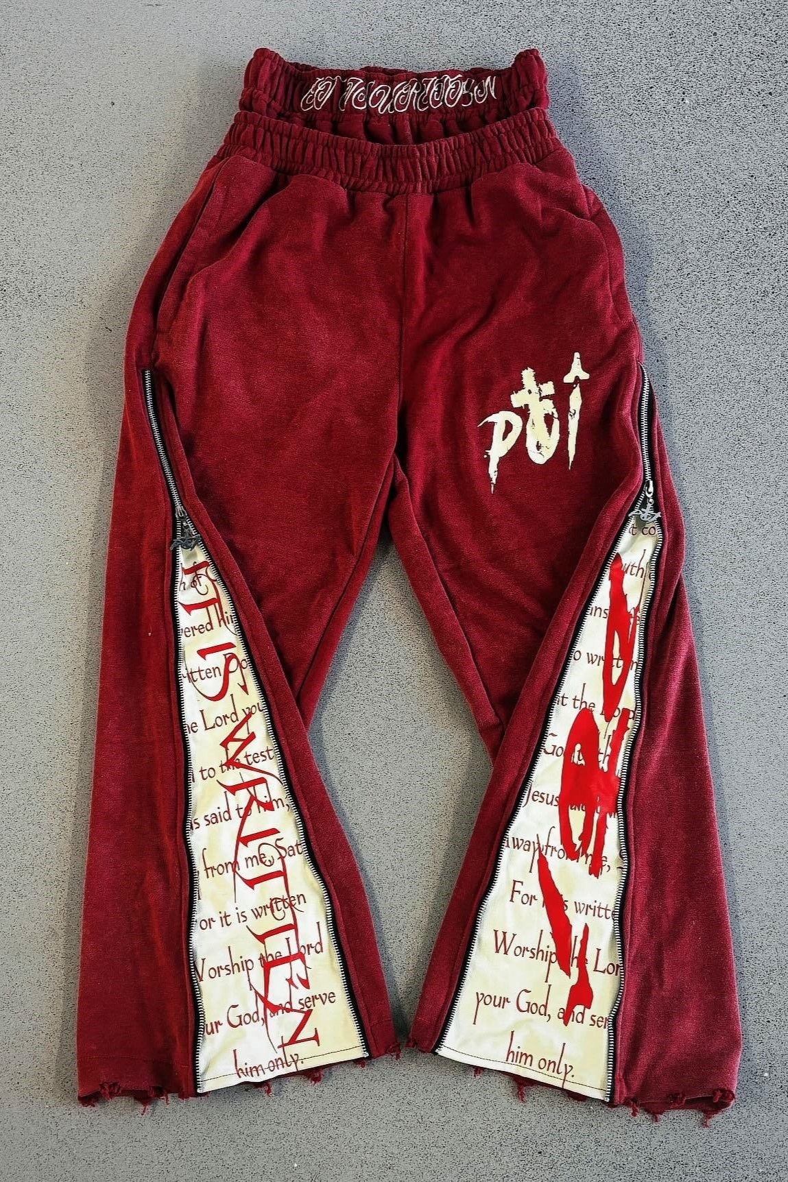 Red Typography Panel Zip Pocket Pants