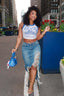 High Rise Distressed Frayed Hem Slit Denim Skirt