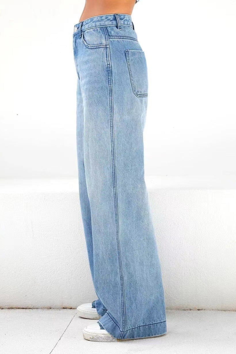 Casual High Waist Washed Straight Jeans