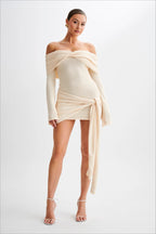 Off Shoulder Tie Knit Sweater Dress